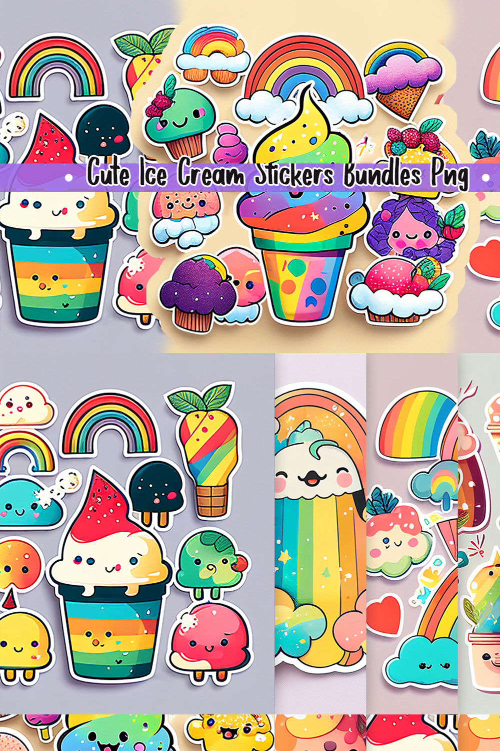 Cute Colorful Ice Cream Stickers Bundle pinterest preview image.