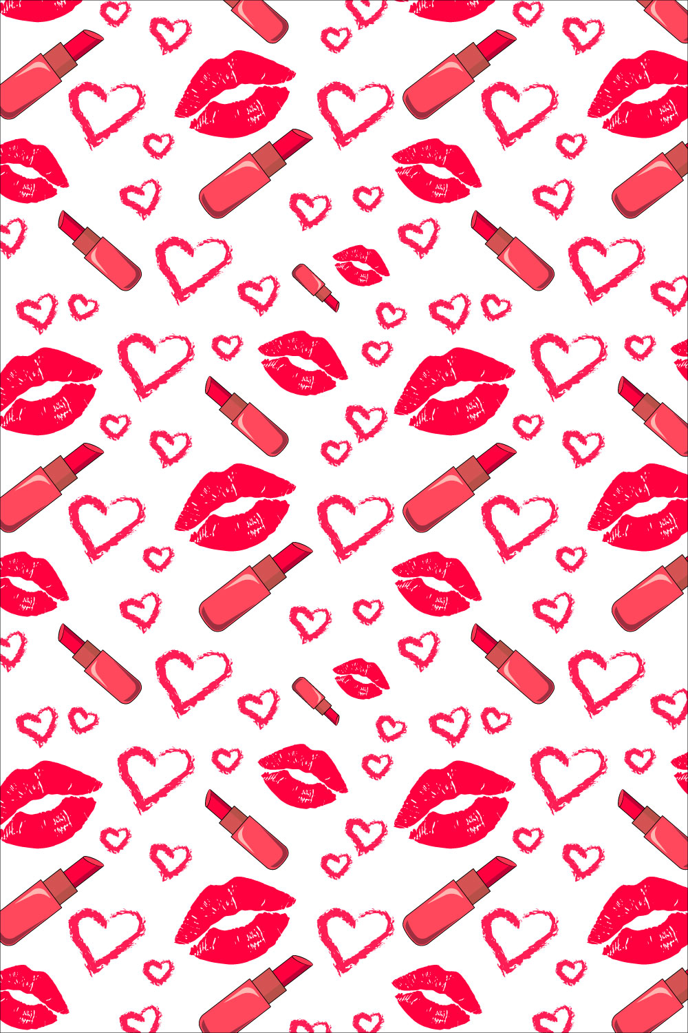 Seamless pattern with lipstick, lips and hearts pinterest preview image.