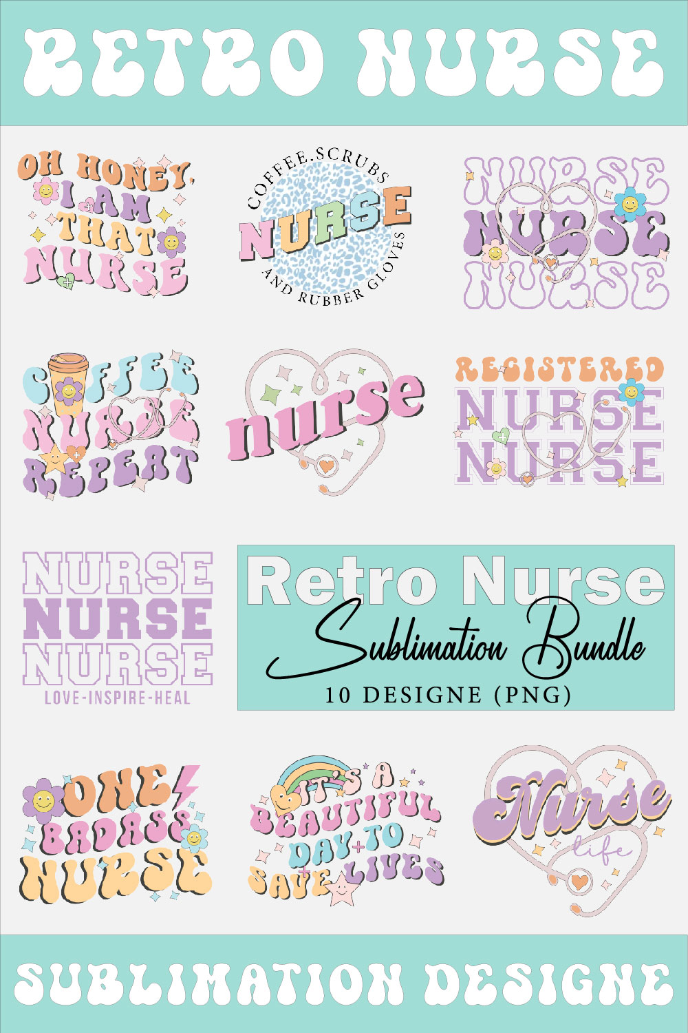Retro Nurse Sublimation Bundle pinterest preview image.