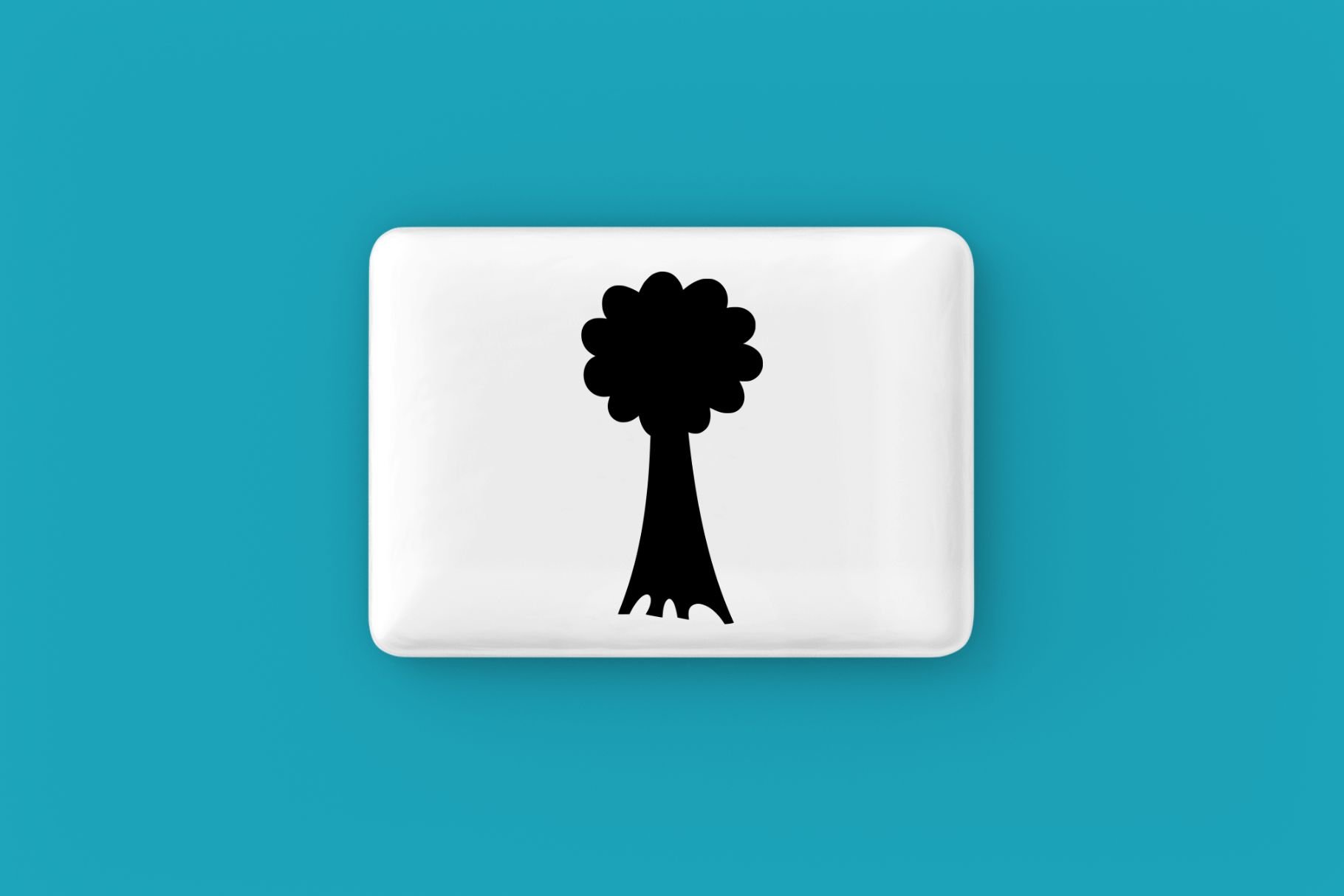 White square button with a black silhouette of a tree.