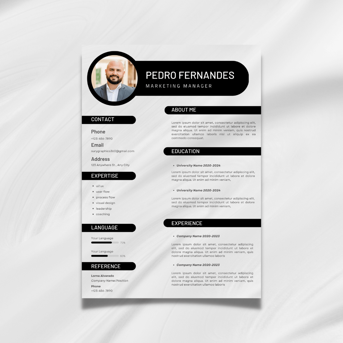 Black and white resume with a picture of a man.