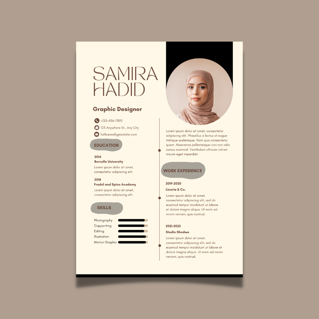 Professional resume with a headscarf on it.