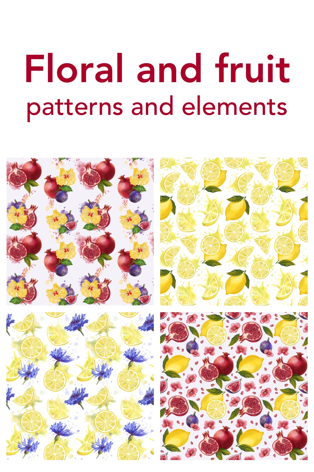 Floral and fruit patterns & elements pinterest preview image.