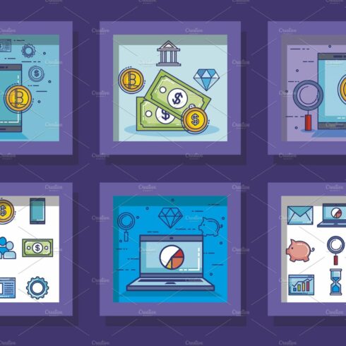 A set of four flat icons depicting different types of money.