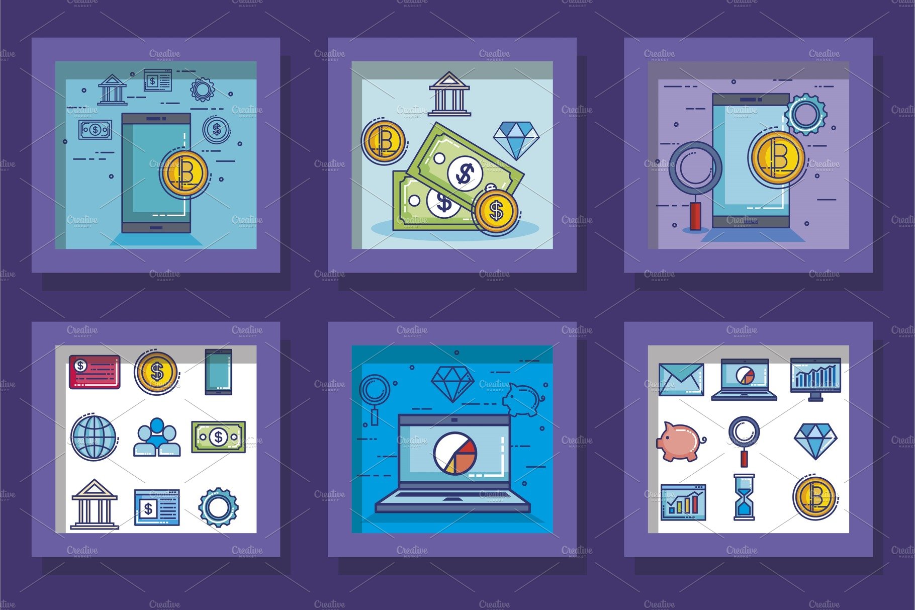 A set of four flat icons depicting different types of money.