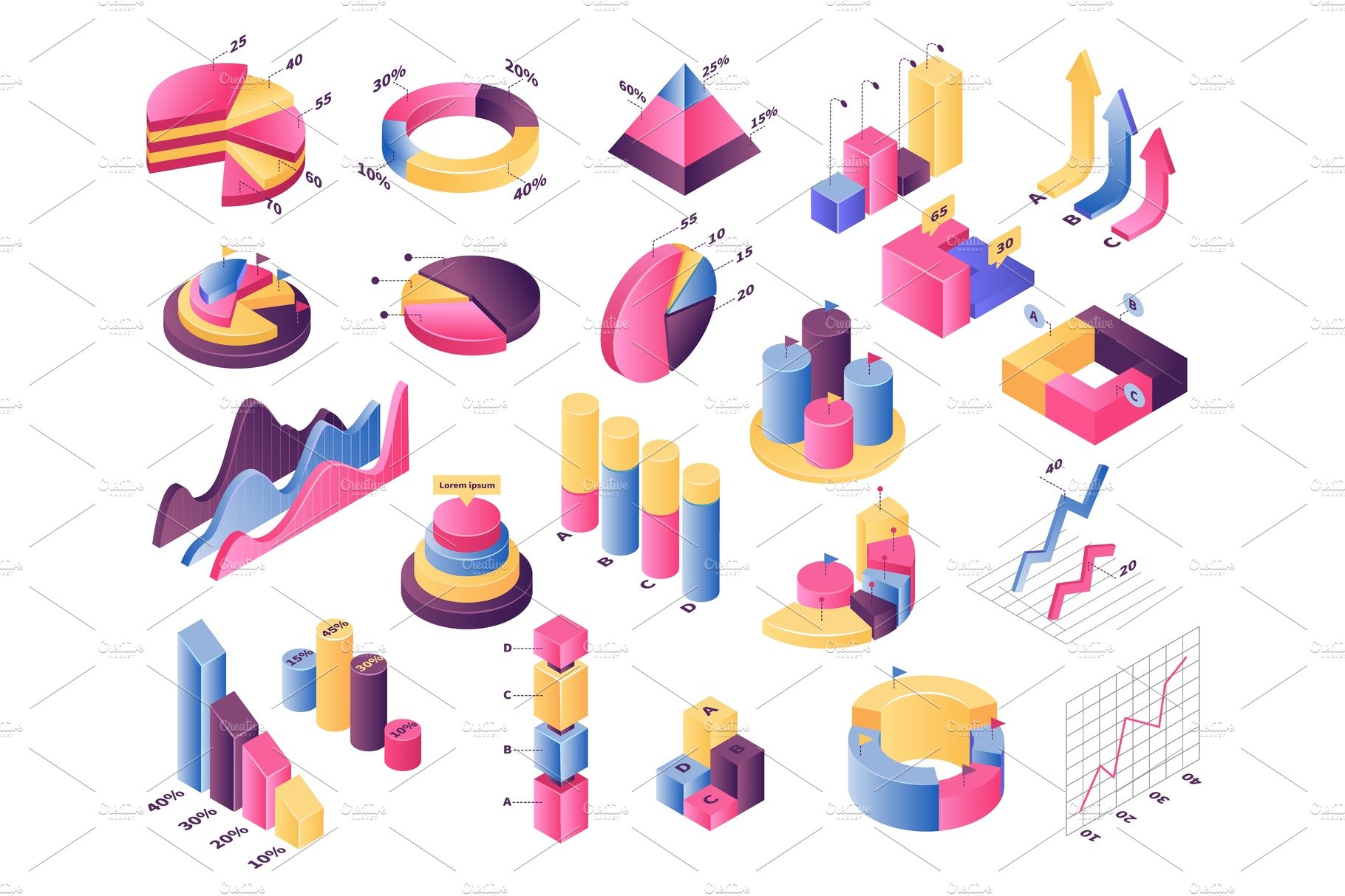 A bunch of different types of graphs on a white background.