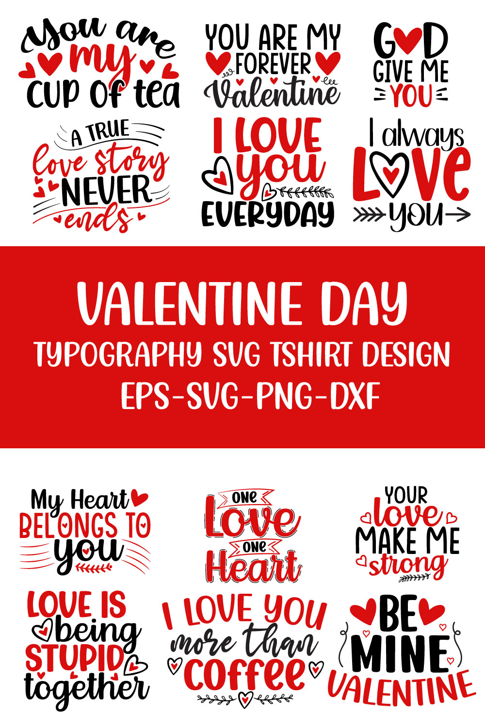 Valentine Day Typography SVG T-shirt Design Bundle pinterest preview image.