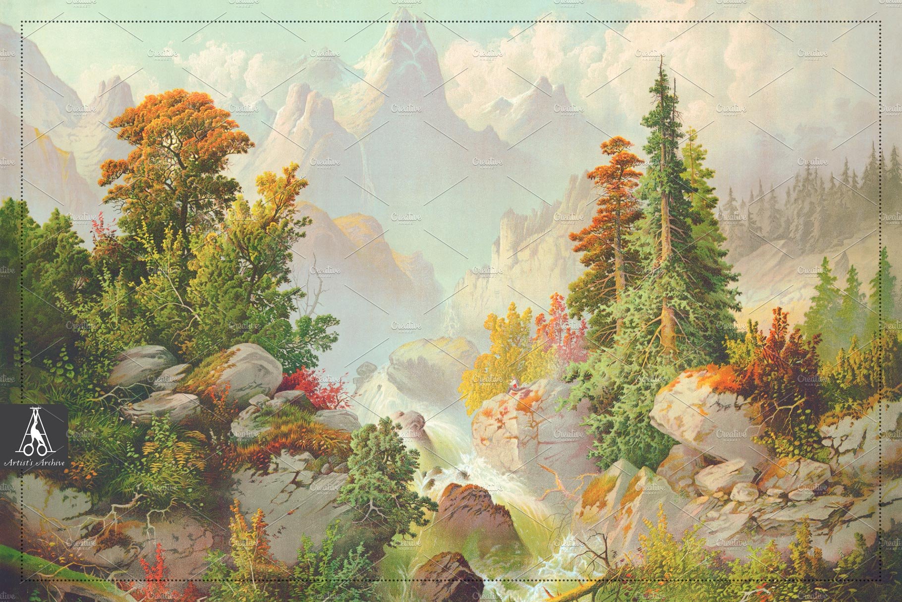 Painting of a mountain scene with trees and rocks.