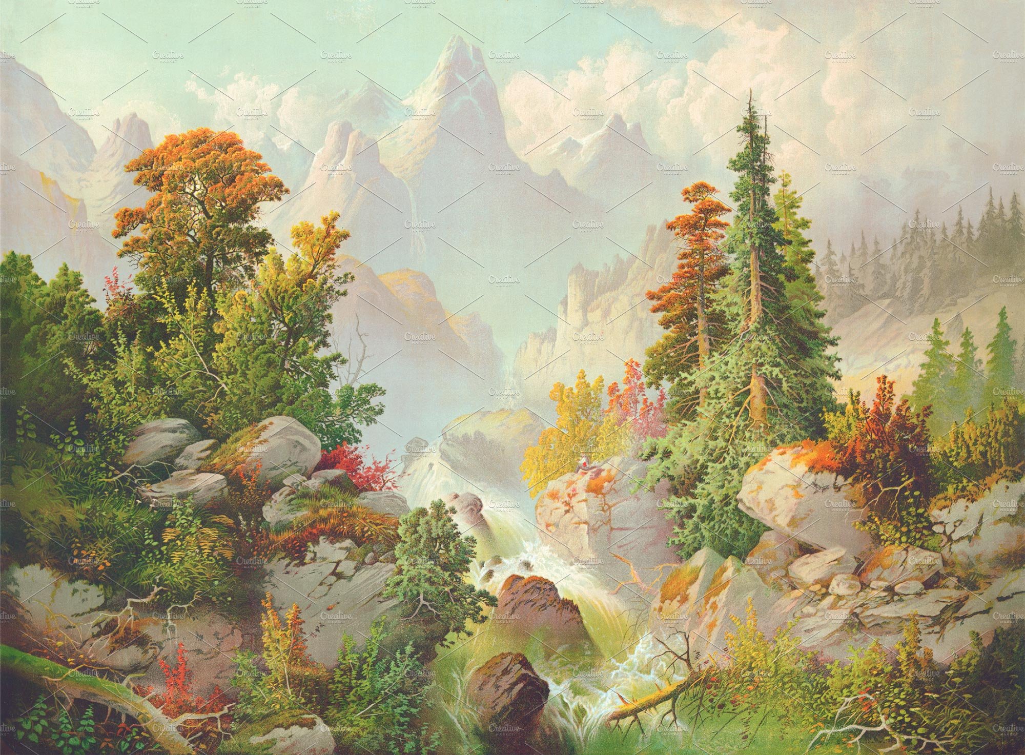 Painting of a mountain scene with a stream.