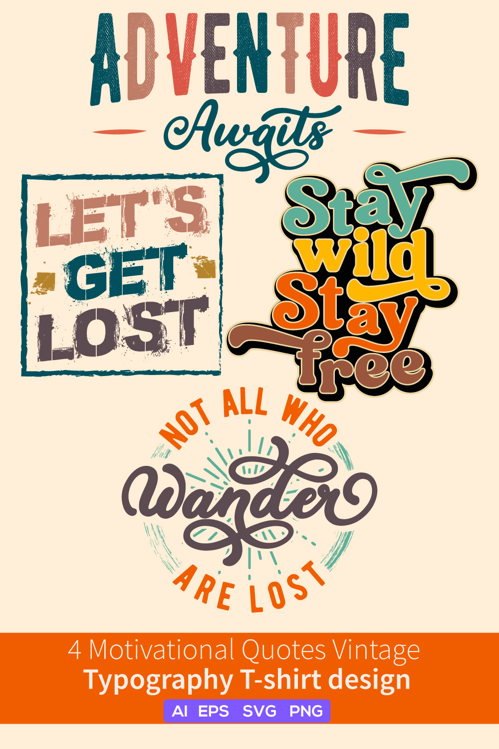 Embrace Adventure with Our Vintage Typography T-Shirt Bundle - Featuring Inspirational Quotes and Retro Style pinterest preview image.