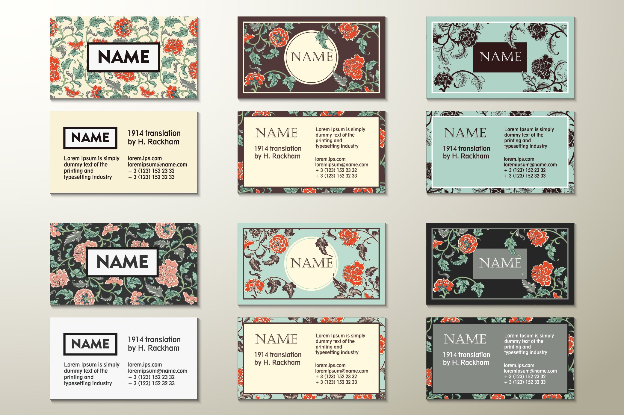 A bunch of business cards with flowers on them.