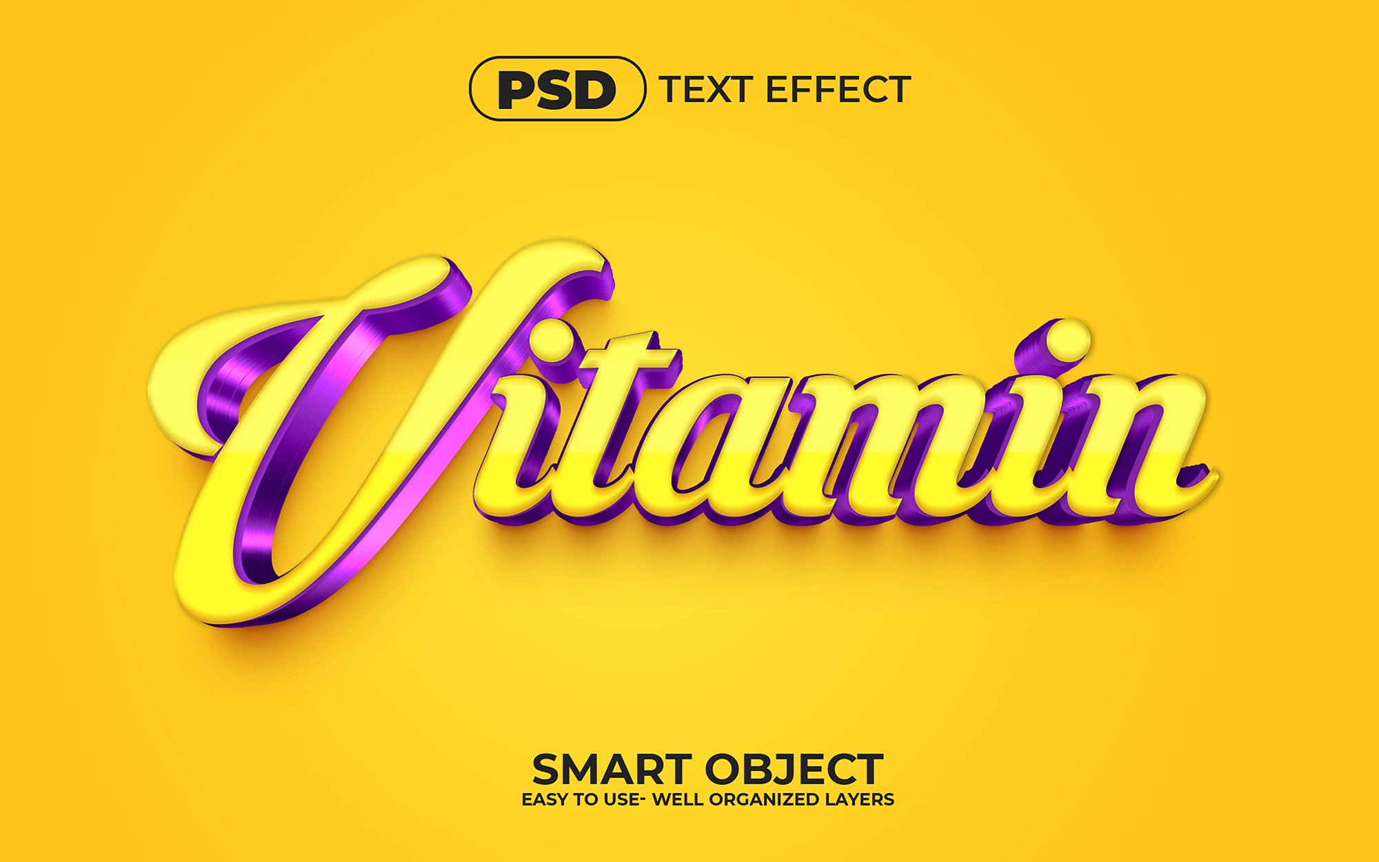 A 3d text effect with the text vitamin on a yellow background.