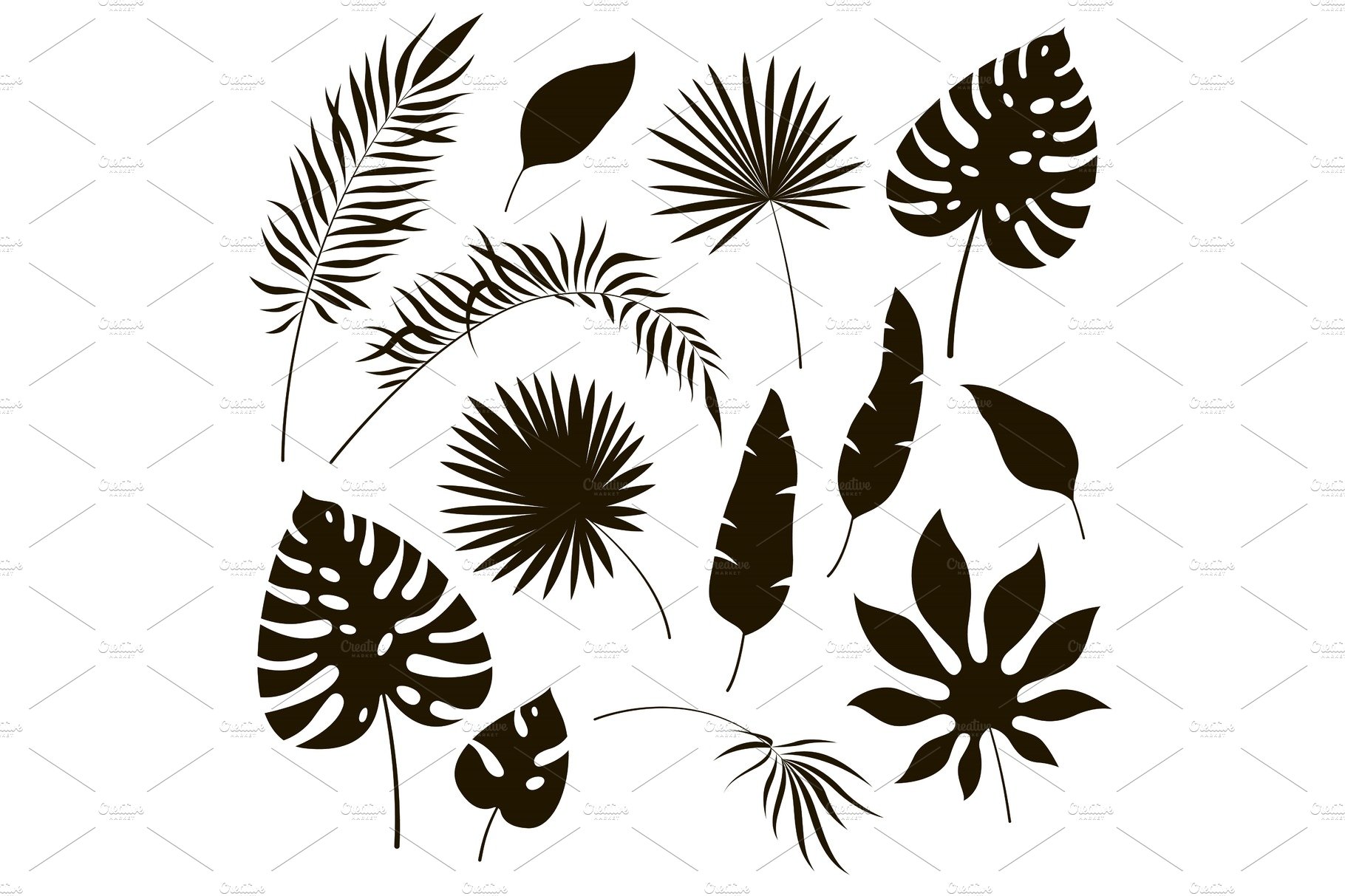 Set of tropical leaves silhouettes.
