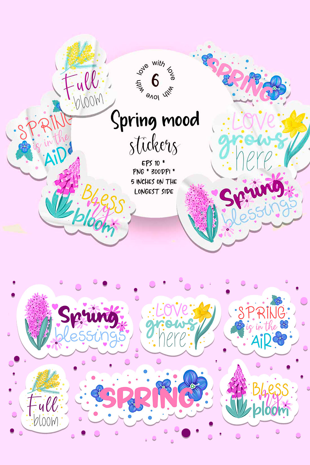 Spring sticker bundle | 6 png sticker design pinterest preview image.