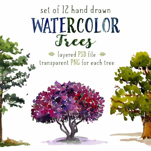 Set of 12 watercolor trees cover image.