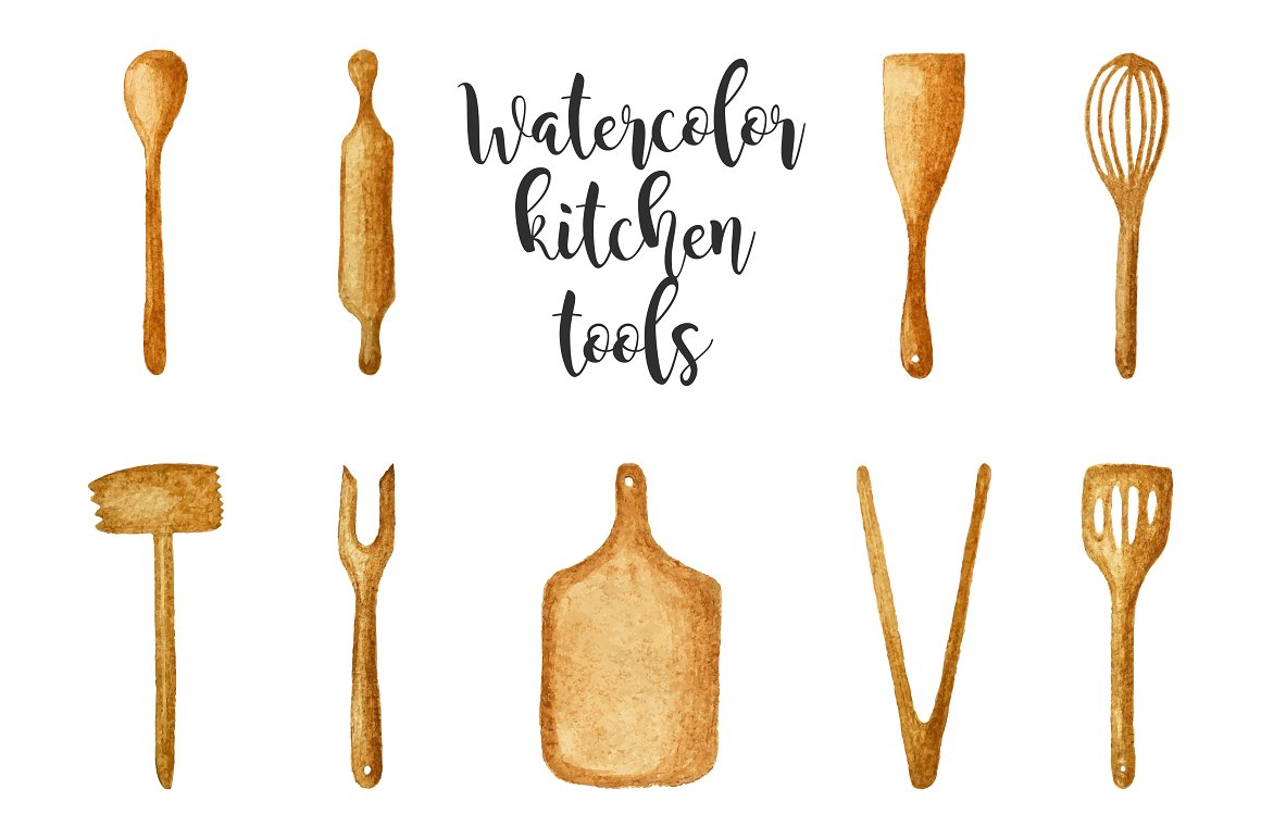 A set of kitchen utensils drawn in watercolor.