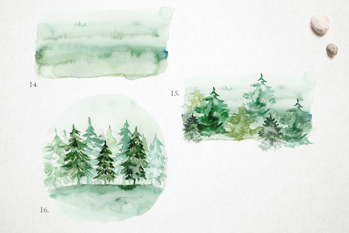 Three watercolor paintings of trees and rocks.