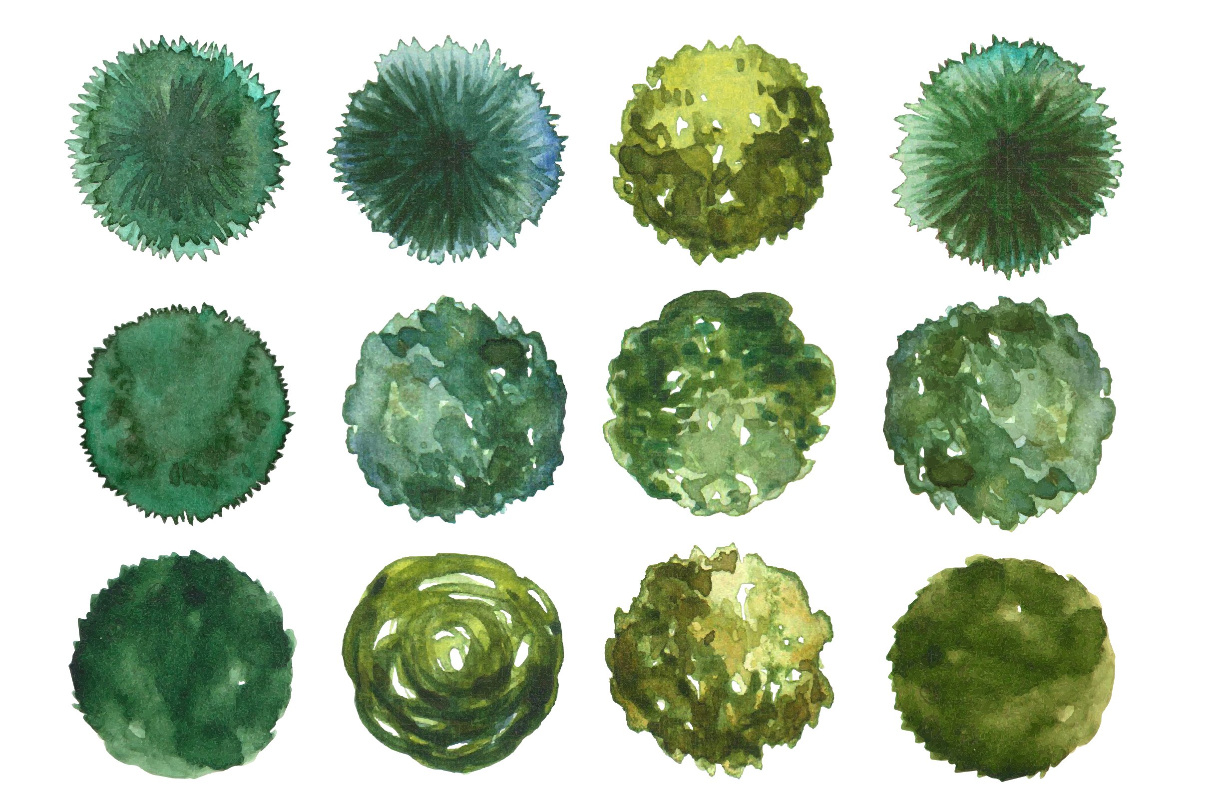 Bunch of different green objects on a white background.