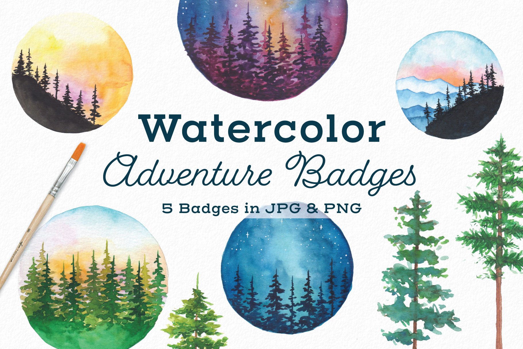 Watercolor adventure badges with trees and mountains.