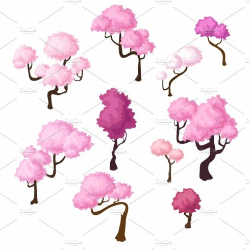 Group of trees with pink and purple leaves.