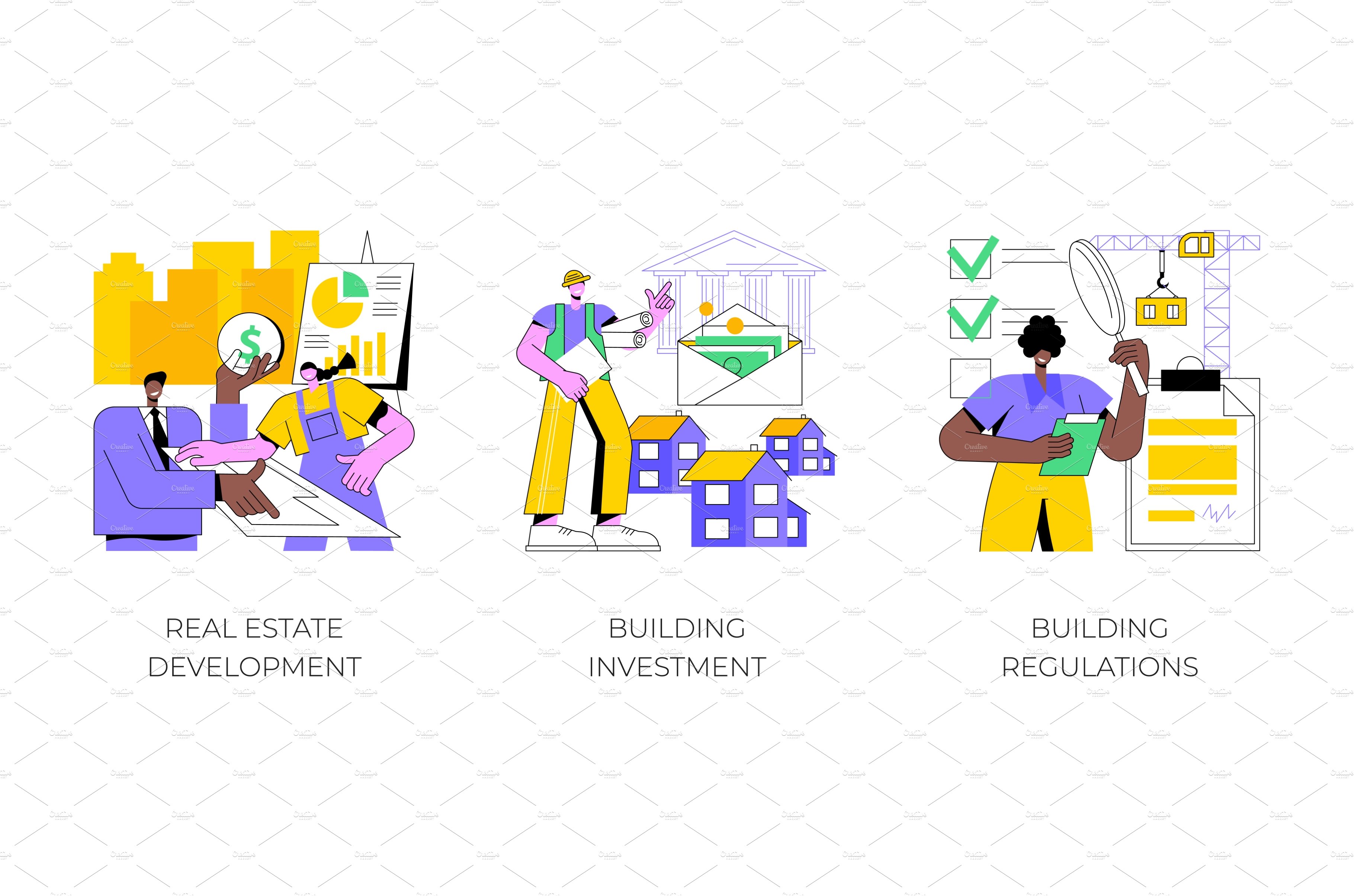 A series of illustrations depicting the four stages of real estate development.