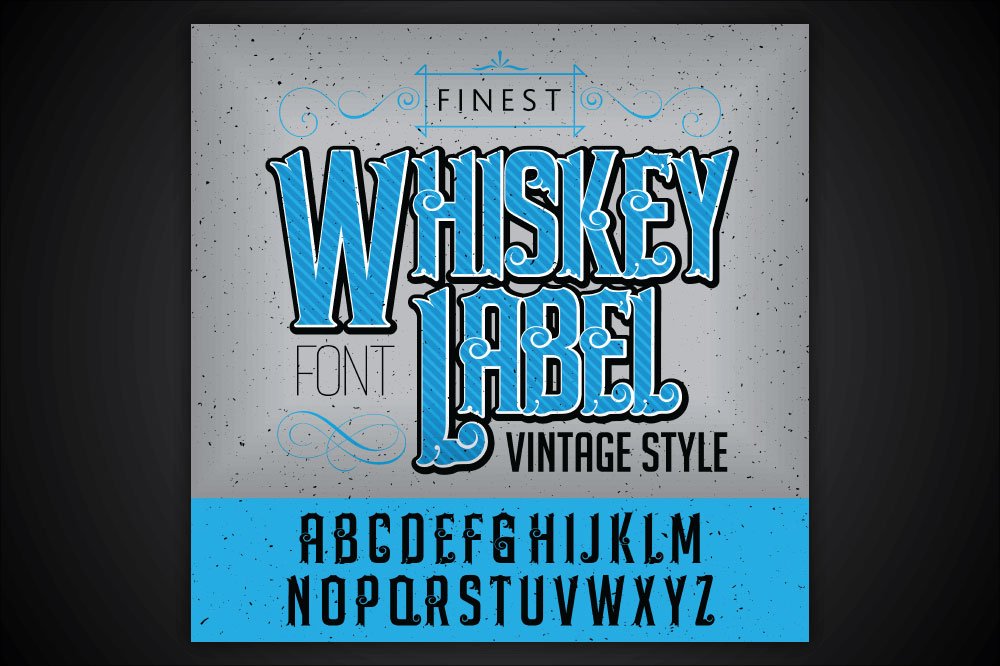 Whiskey label font and sample label preview image.