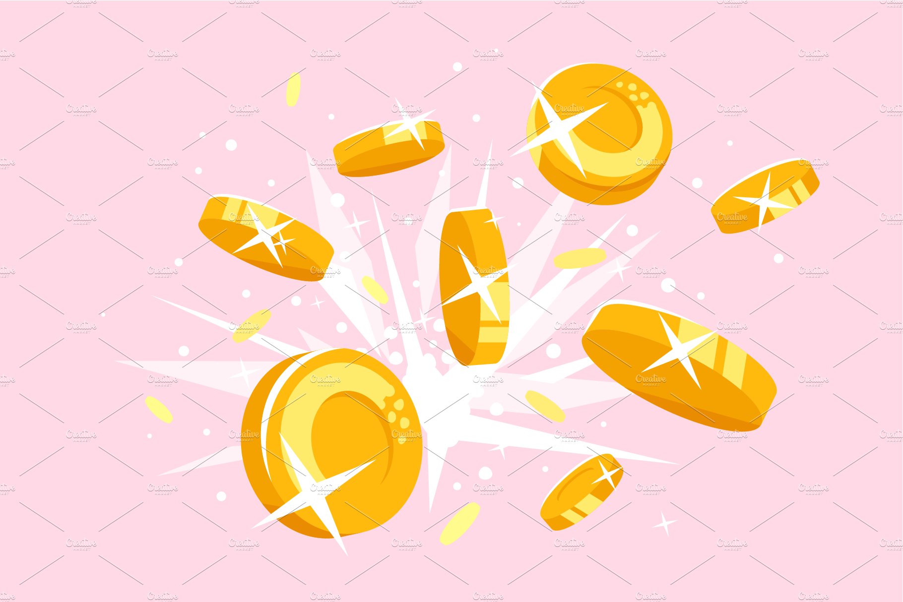 A pink background with a bunch of gold coins.