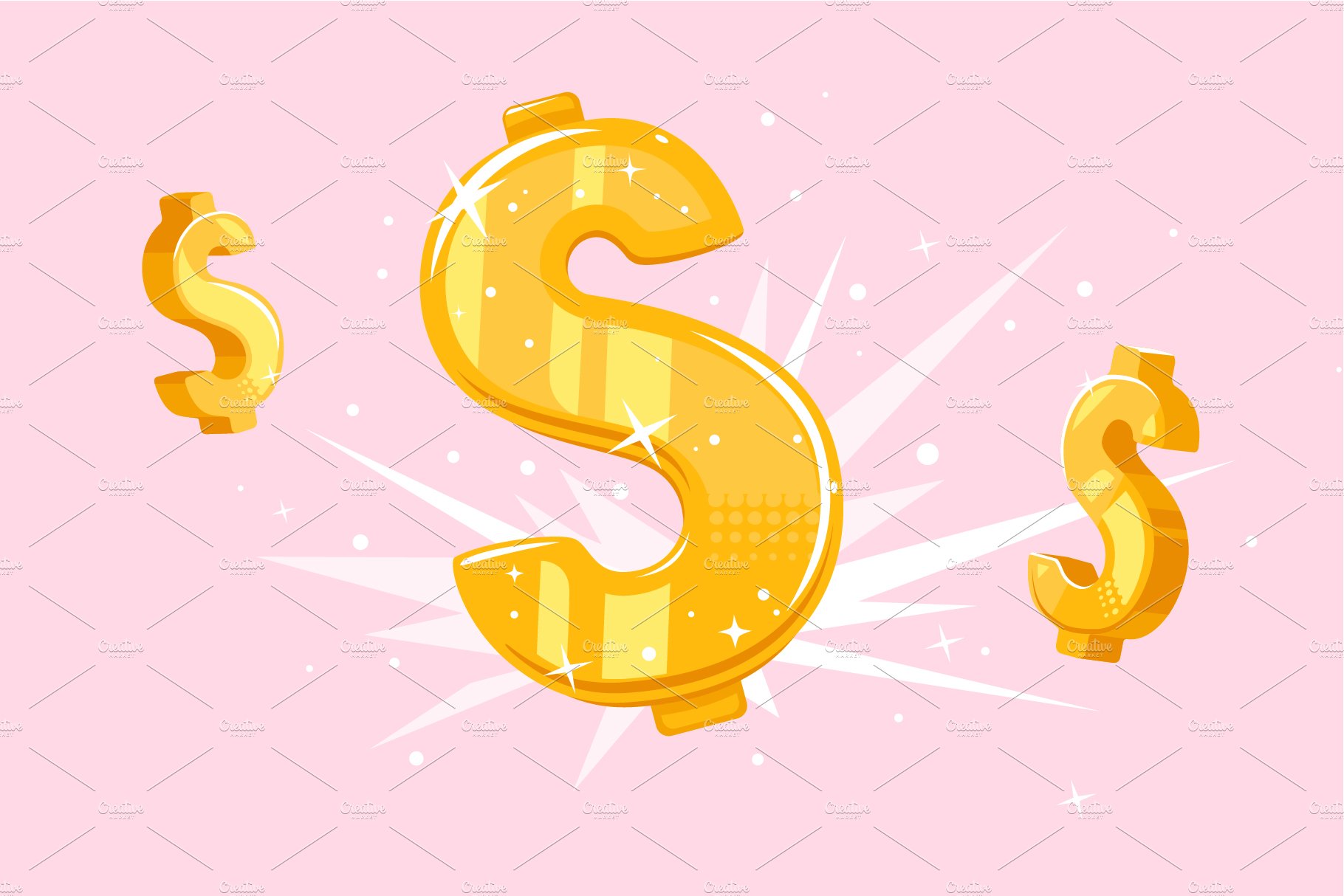 A golden dollar sign with sparkles on a pink background.