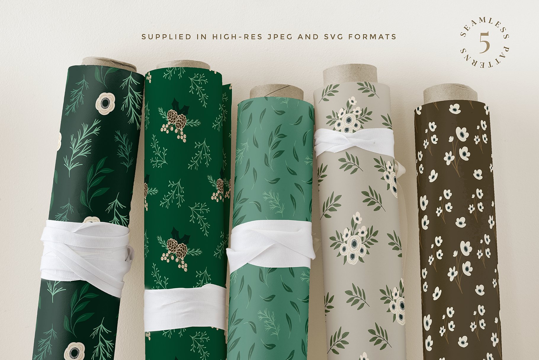 Row of wrapping paper wrapped in different patterns.