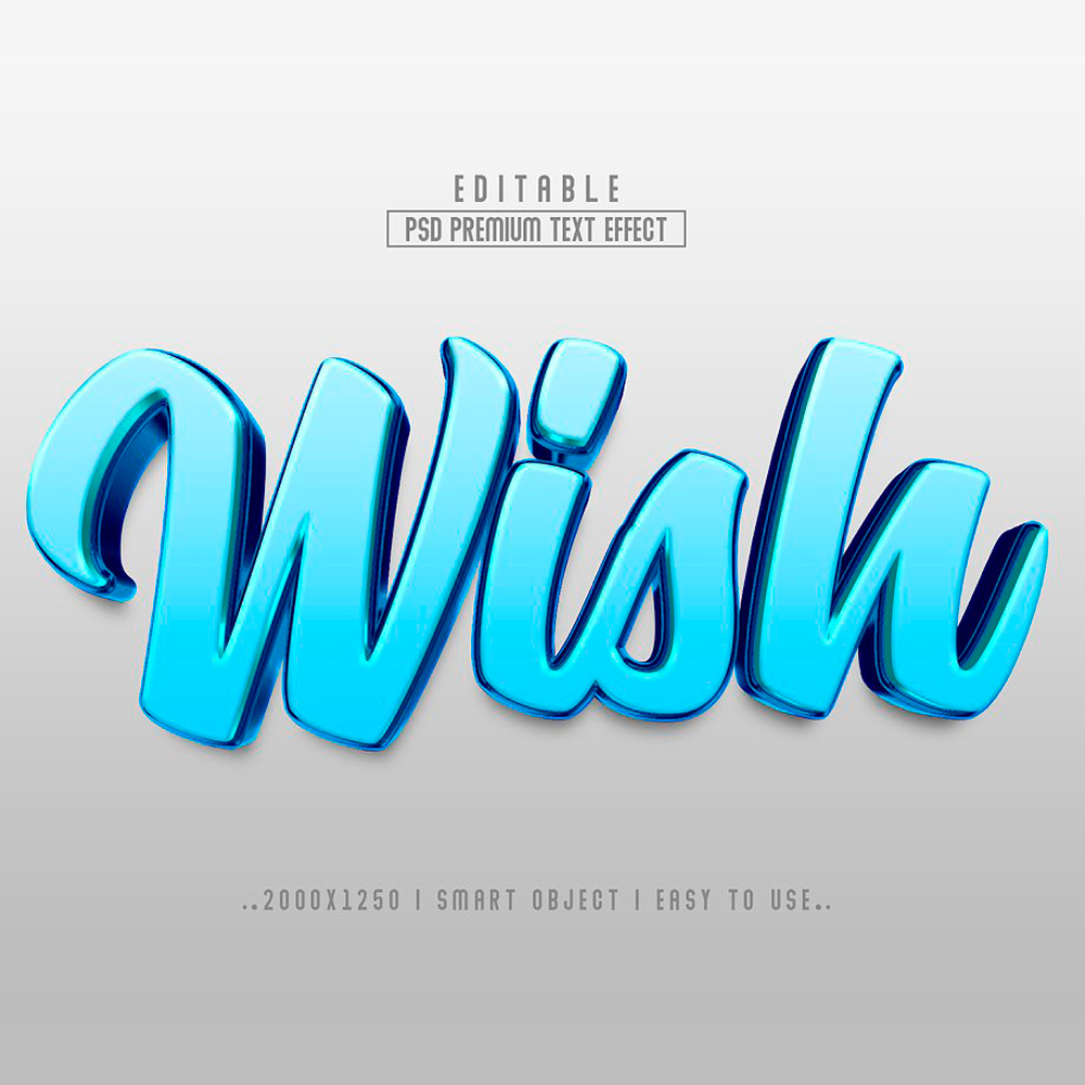 Blue 3d text effect with the word wish.