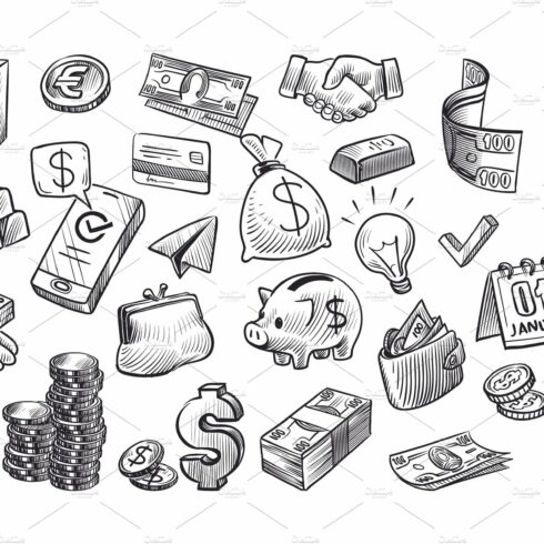 A black and white drawing of a bunch of money.
