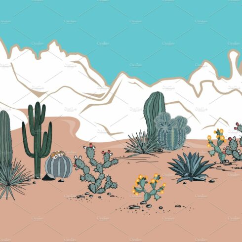 Desert scene with cacti and mountains in the background.