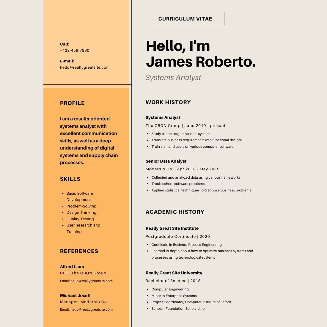 Yellow and orange resume for a job.