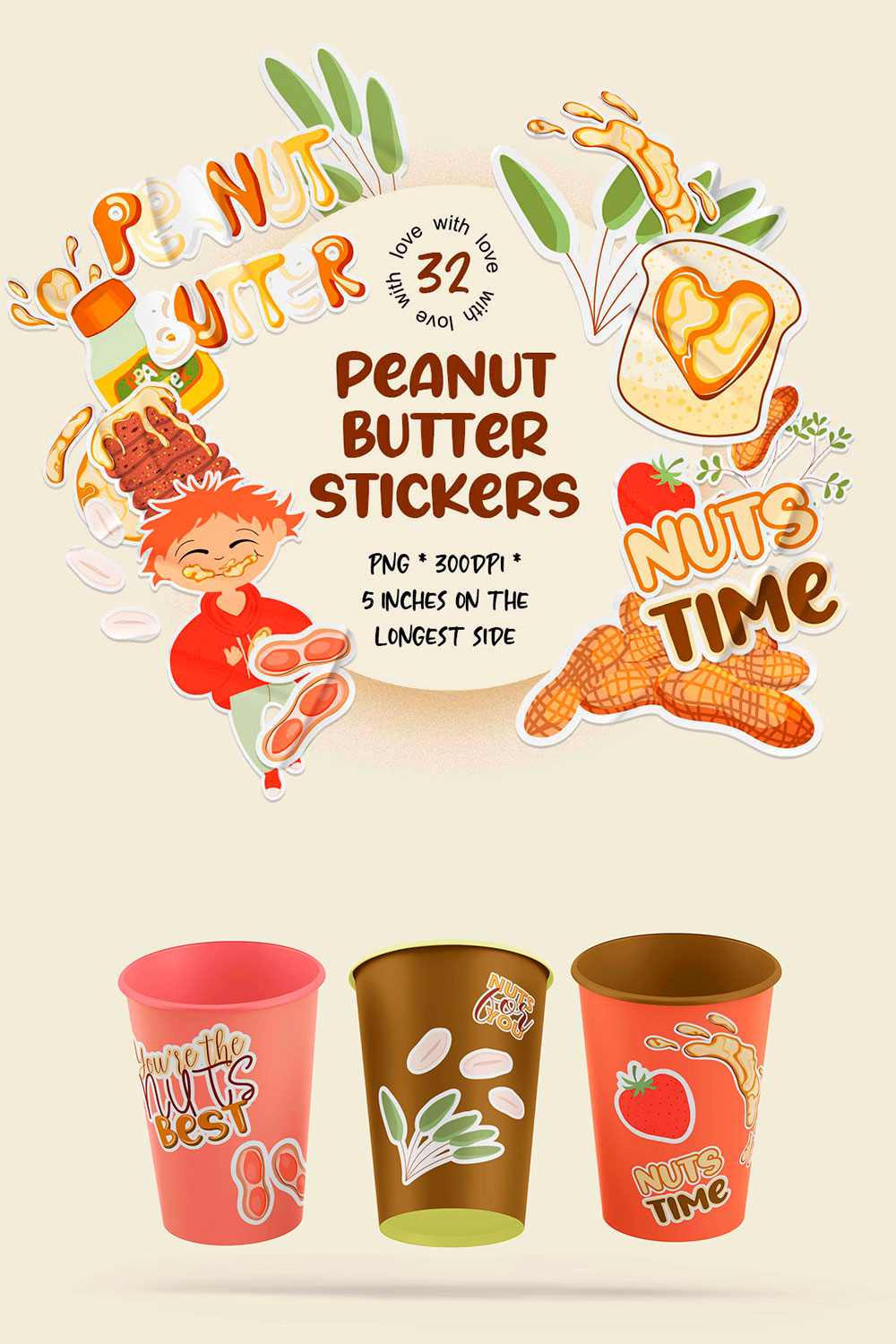 Set of peanut butter stickers | 32 sticker designs for peanut butter day png pinterest preview image.