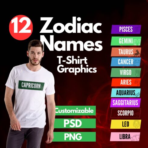 Zodiac Sign T-Shirt Graphics: 12 High-Quality Designs for Personal or Commercial Use cover image.