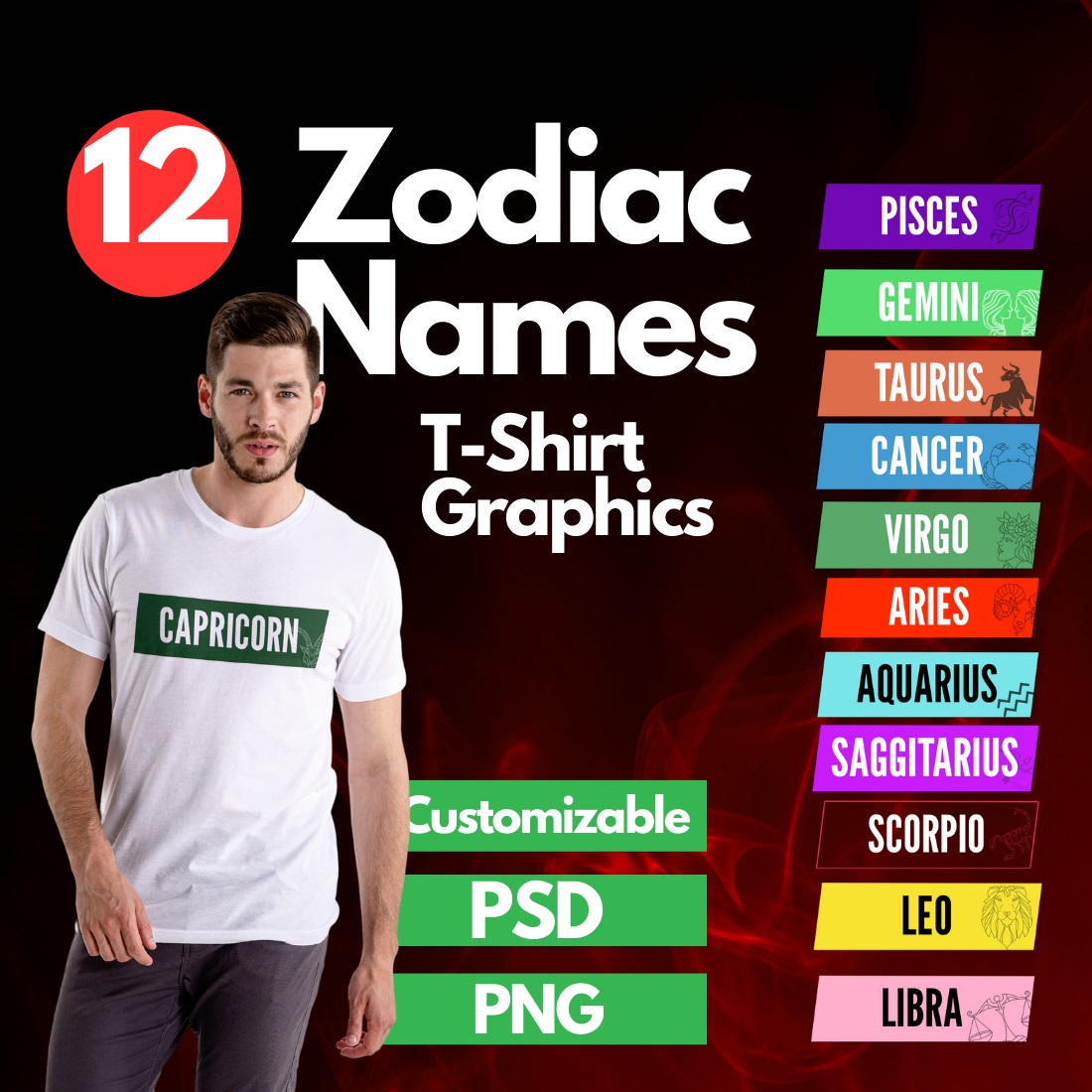 Zodiac Sign T-Shirt Graphics: 12 High-Quality Designs for Personal or Commercial Use cover image.