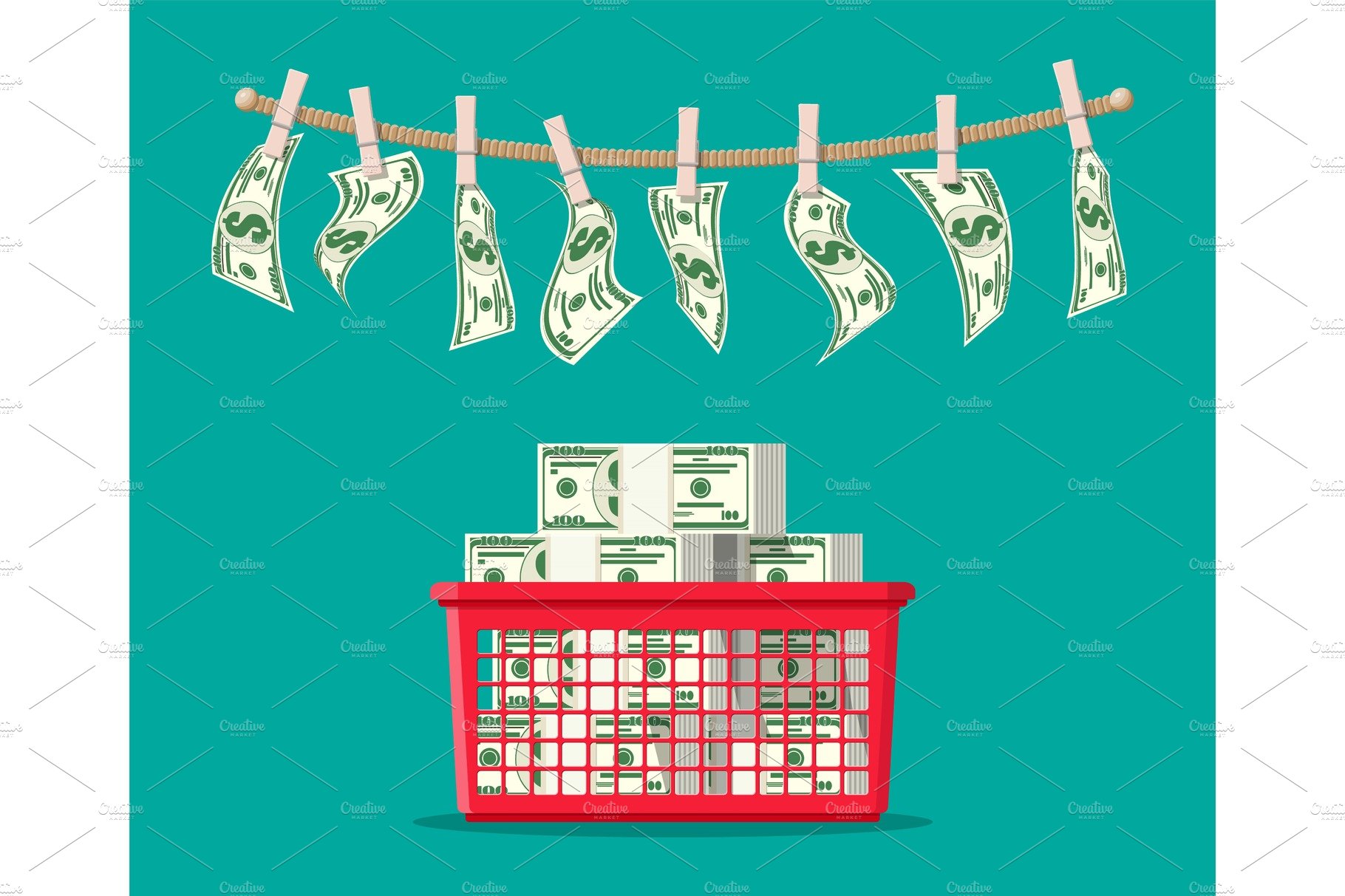 A red basket filled with money hanging from a clothes line.