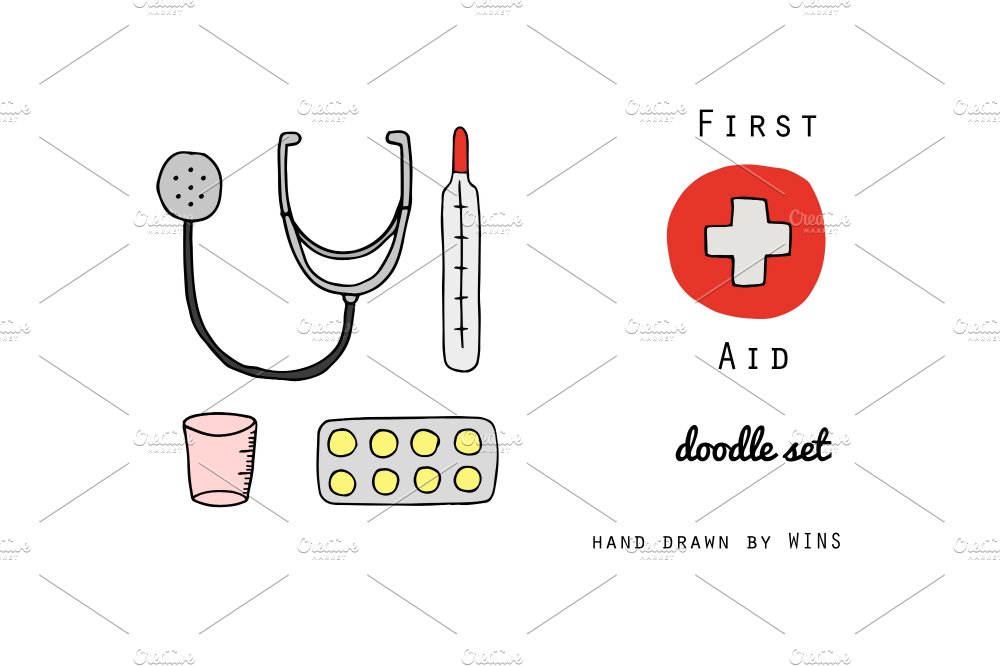 First Aid. Doodle set cover image.
