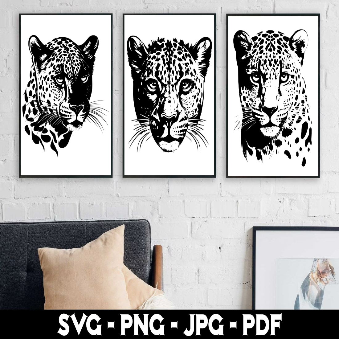 3 Jaguar SVG/PNG Design for Posters/T-SHIRT, Modern Art, Animals Black and White cover image.