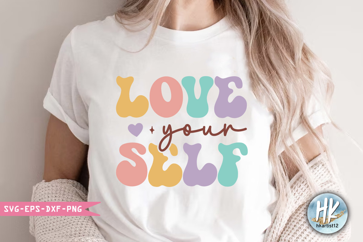 Woman wearing a t - shirt that says love your self.