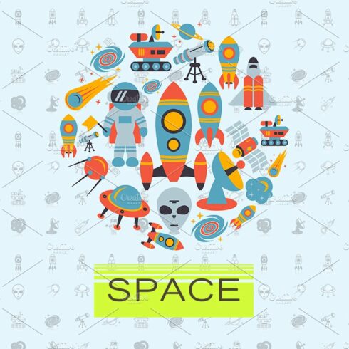 Space icons and flat vector patterns cover image.