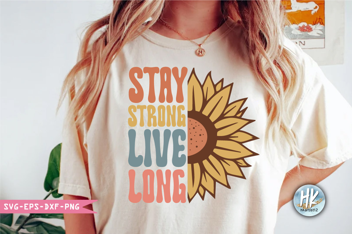 Woman wearing a t - shirt that says stay stringing live long.