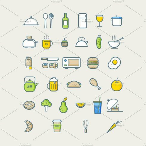 Kitchen icons for cafe menu cover image.