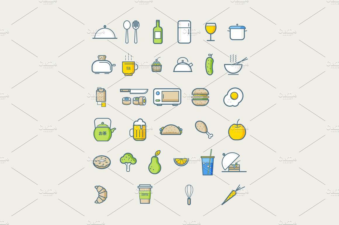 Kitchen icons for cafe menu cover image.