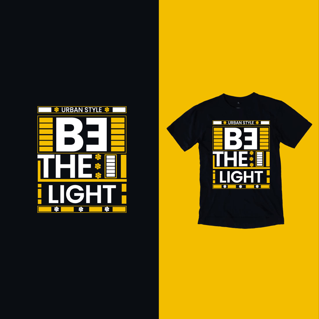 Black and yellow t - shirt with the words be the light.