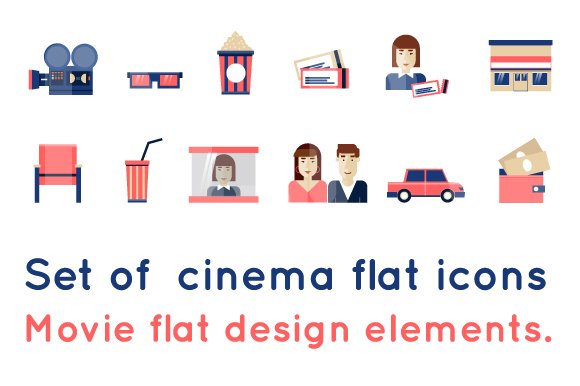 Set of cinema flat icons cover image.