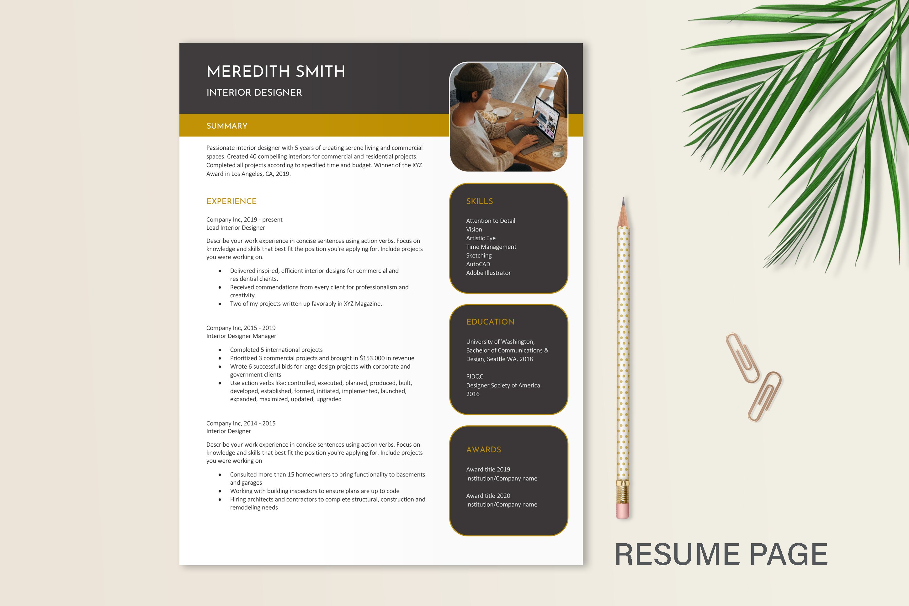 Professional resume template with a yellow border.