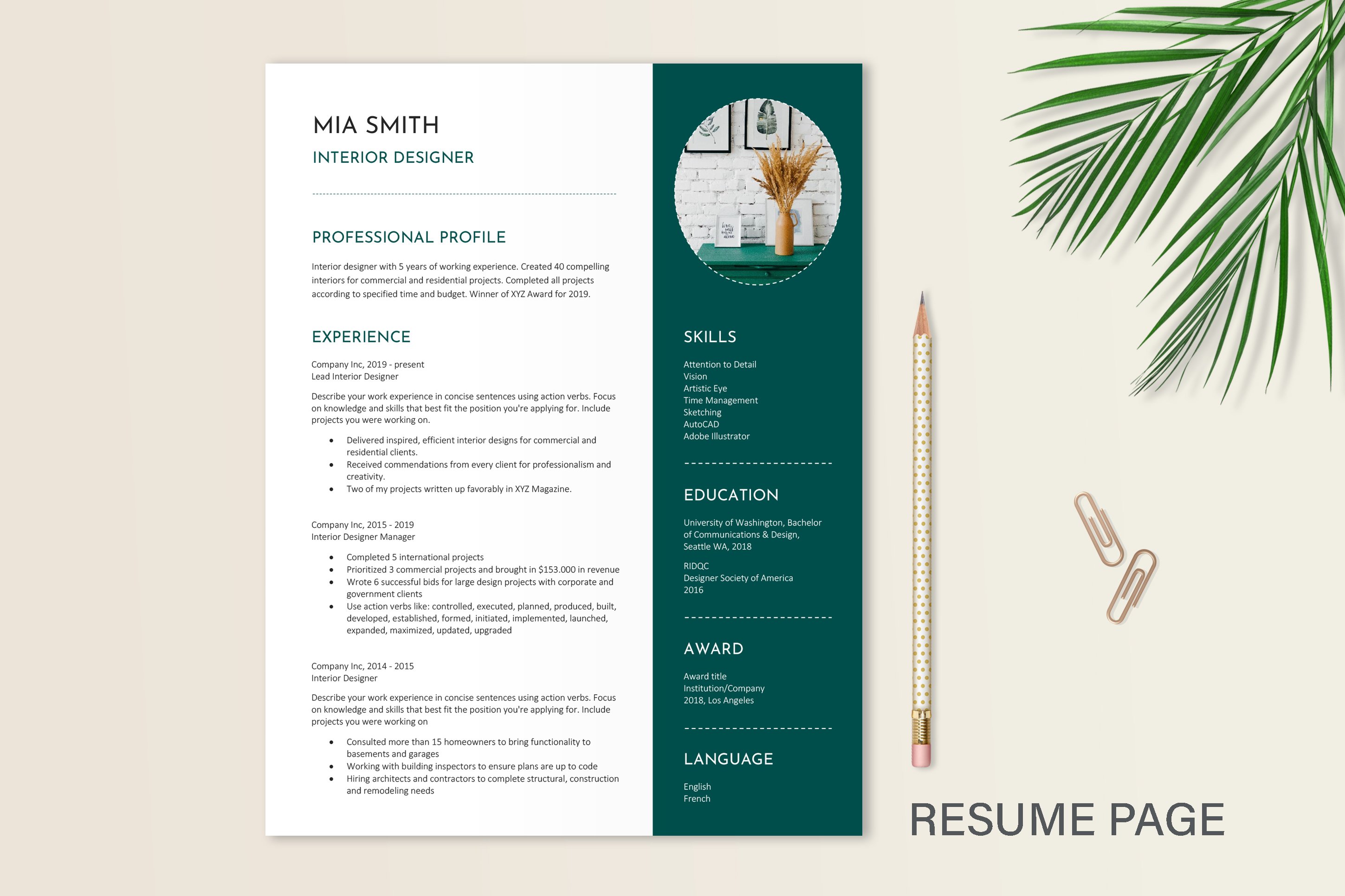 Green and white resume with a pencil.