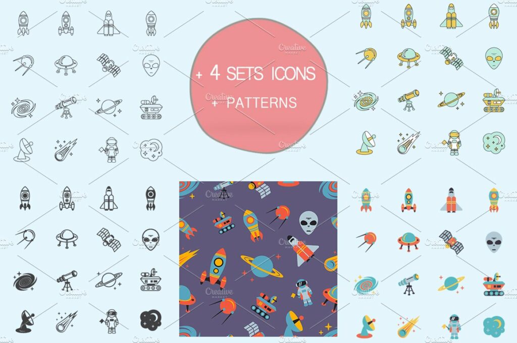 Space icons and flat vector patterns – MasterBundles