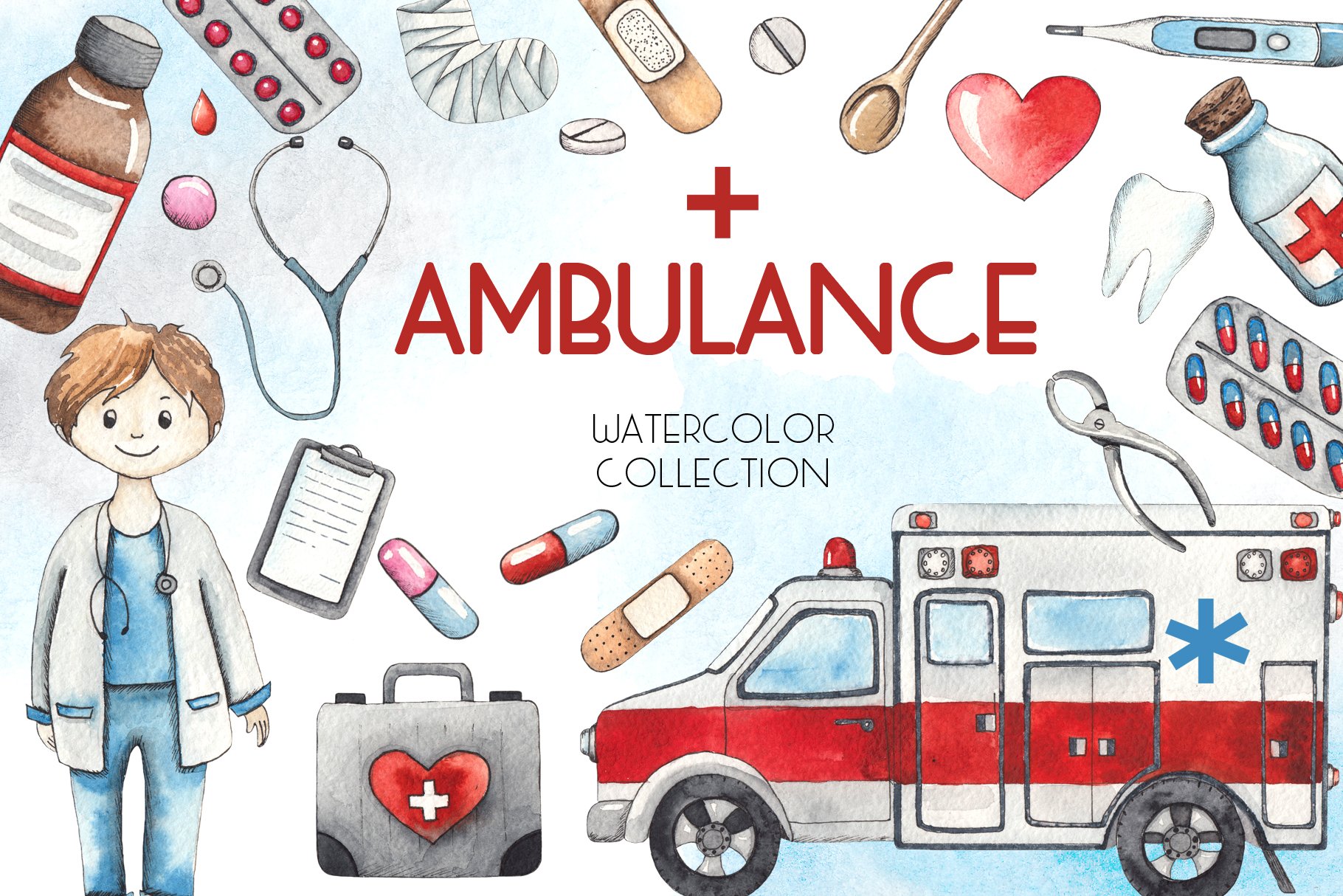 Ambulance. Watercolor collection cover image.